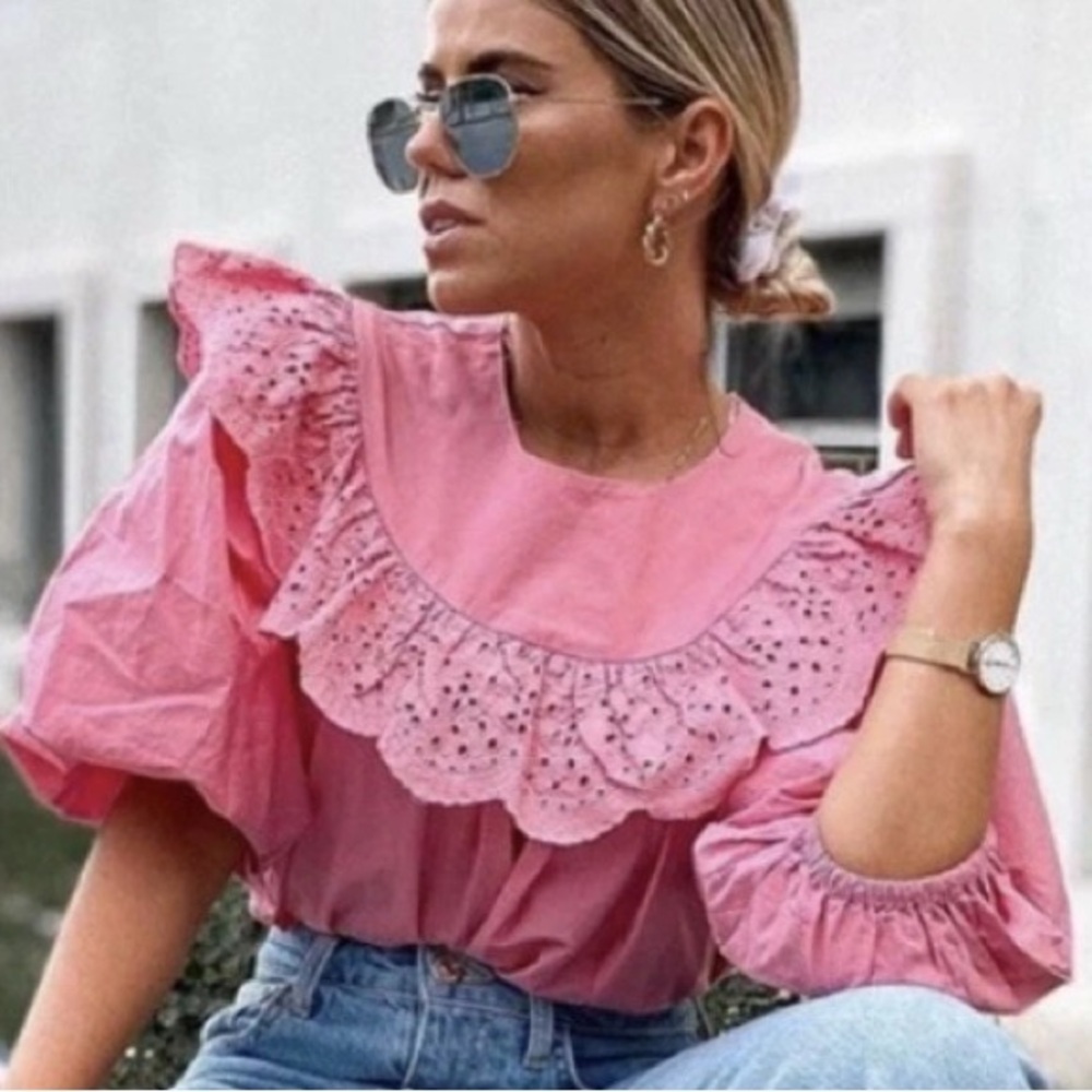 ZARA Eyelet Frilled Poplin Blouse Top Pink XSMALL Balloon Sleeve Women’s NEW - Picture 1 of 16